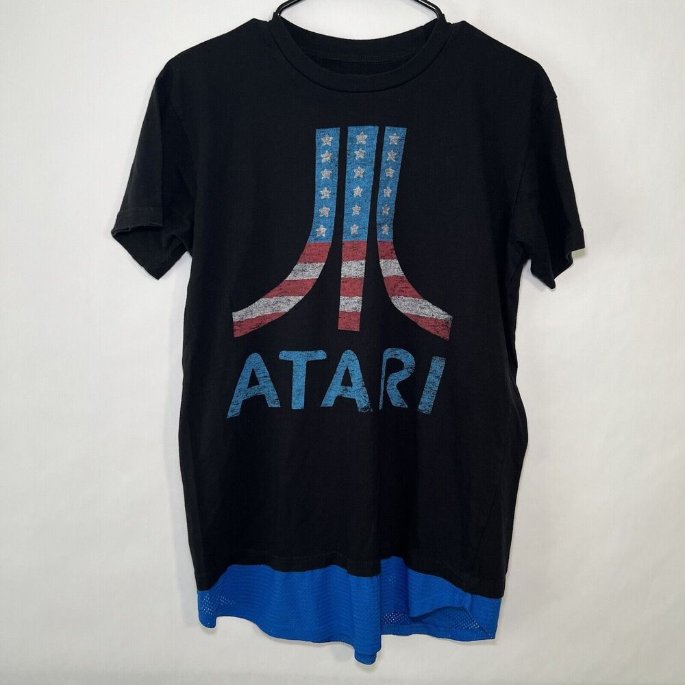 Atari Graphic Tee T Shirt Womens Size L Large Black USA Flag Theme Jersey Bottom